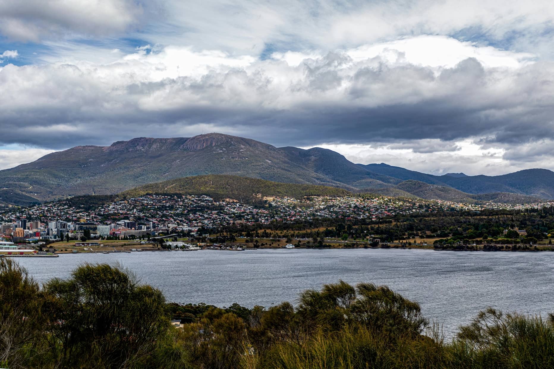 Hobart and the Derwent seen from the east, with kunanyi / Mount Wellington behind the city
