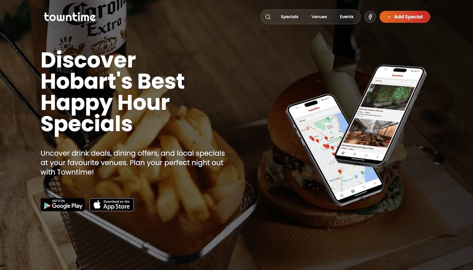 Towntime web and mobile product showing venue offers