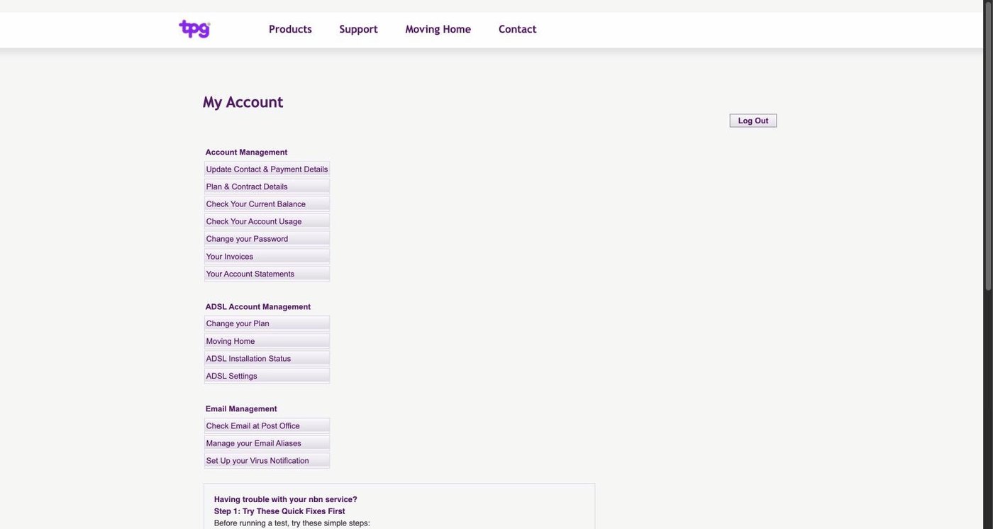 The TPG My Account dashboard, a narrow column of pale link bars with the rest of the page empty