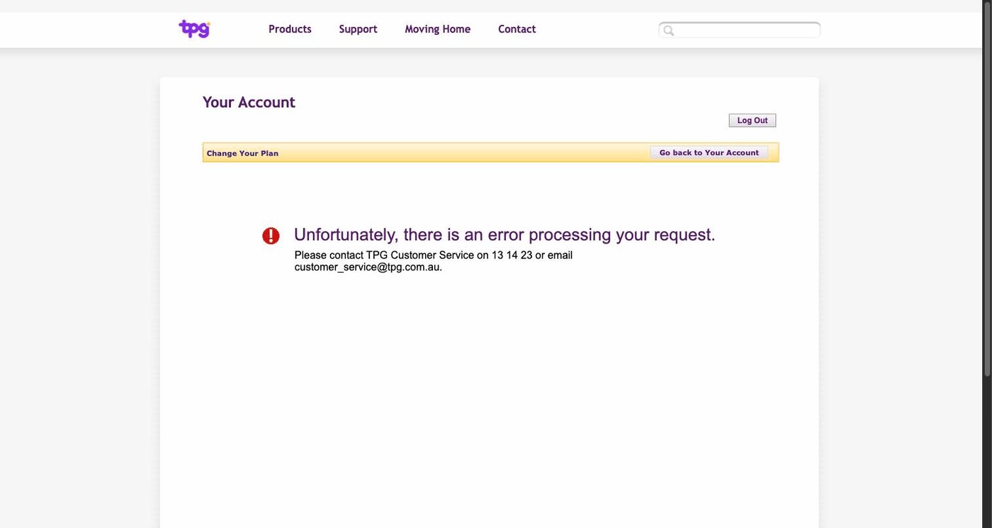 The Change your Plan page showing a processing error and a phone number