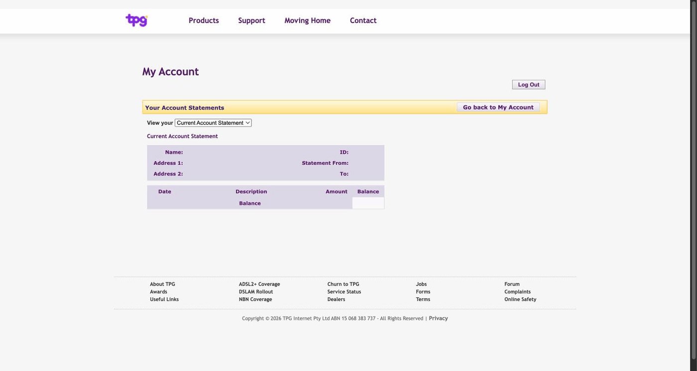 The Account Statements page with empty labels and a blank table