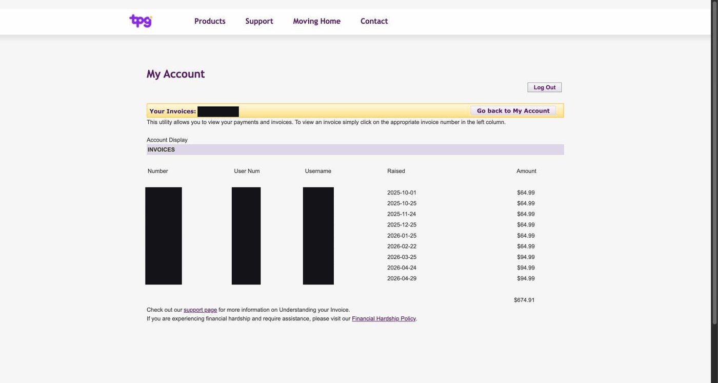 The invoice list, showing amounts with no status and an unlabelled total