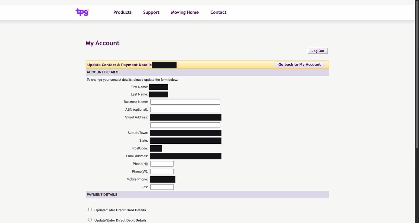 The contact and payment form, including a Fax field