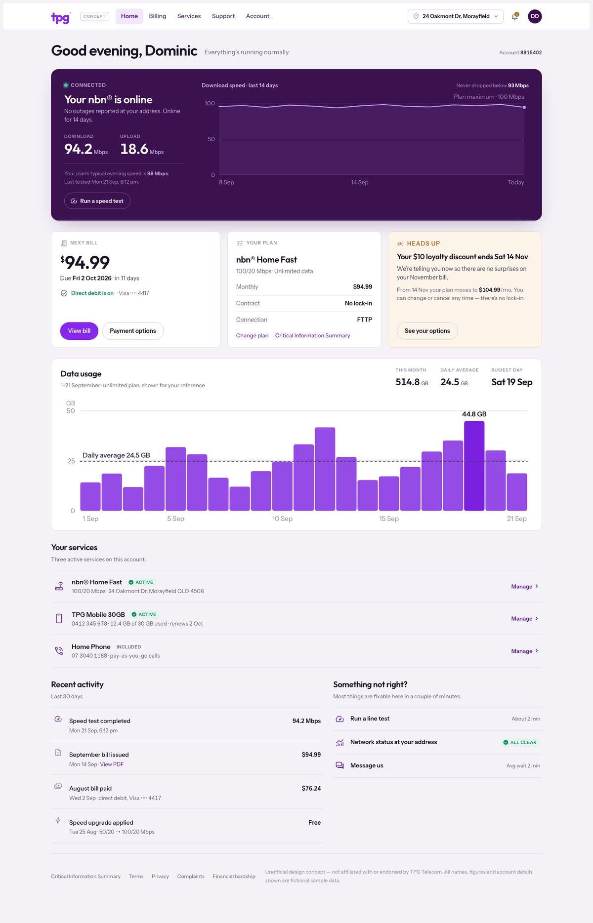 The redesigned home page showing connection status, next bill, plan, usage and services