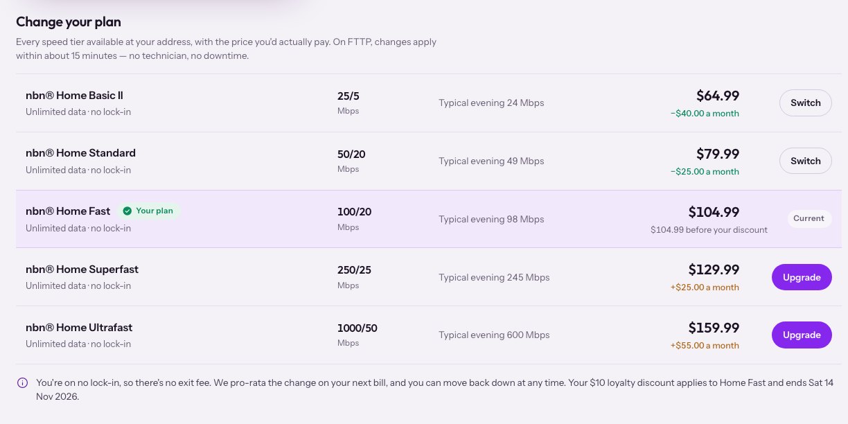 The nbn speed tier ladder from 25/5 to 1000/50 with prices and switch actions